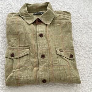 Two Orvis Men's Olive & light blue Plaid Shirts